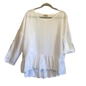 Bellambra White Eyelet 100% Linen Tunic Top Oversized Ruffled Made In Italy